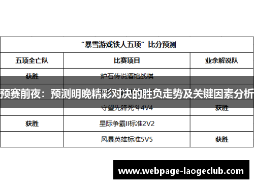 预赛前夜：预测明晚精彩对决的胜负走势及关键因素分析